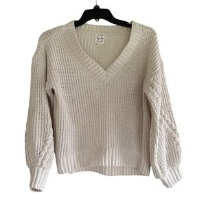 Hippie Rose V Neck Cable Knit Sweater Cream Balloon Sleeves Women's XS
